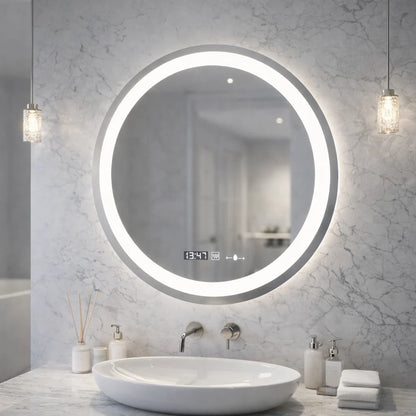Oglinda LED Rotunda, 60cm, Celeste MotionGlow Marcello, Sistem Dezaburire, Ceas & Termometru, Dimabila