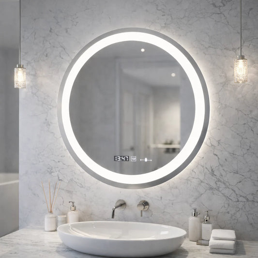 Oglinda LED Rotunda, 60cm, Celeste MotionGlow Marcello, Sistem Dezaburire, Ceas & Termometru, Dimabila