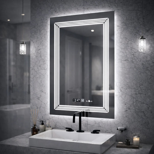 Oglinda LED Rectangulara, 60x80cm, Venezia Senzor MotionGlow Marcello, Sistem Dezaburire, Ceas & Termometru, Dimabila, Lumina Calda Neutra Rece 3000K/4000K/6000K
