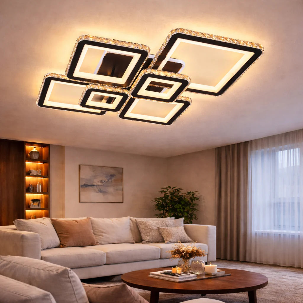 Lustra LED RGB cu telecomanda QUADRIS, 330W, 6 Patrate, lumina Rece/Calda/Neutra, Dimabila, Negru