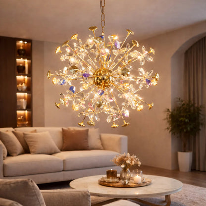 Candelabru Modern cu Cristal, FloraLux, 32xG4, Auriu si Cristale , 54.5cm, Inaltime Reglabila, Metal si Cristal