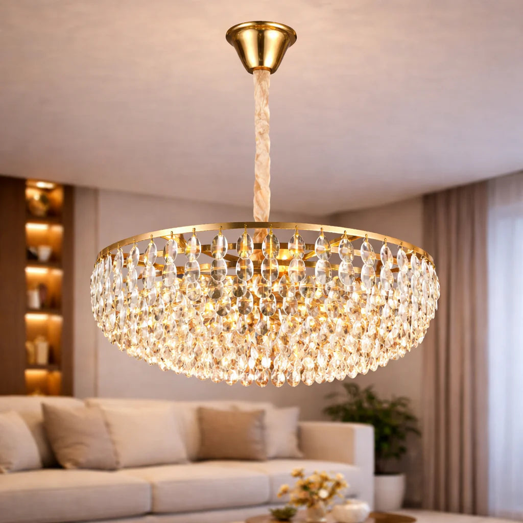 Candelabru Cristal CC1677/500GD, 9xE14, Auriu Lucios, Inaltime Reglabila, Metal si Cristal