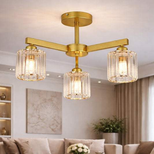 Lustra Clasica Moderna LC110/3GD cu Cristal, 3x E27, Auriu, Metal si Cristal