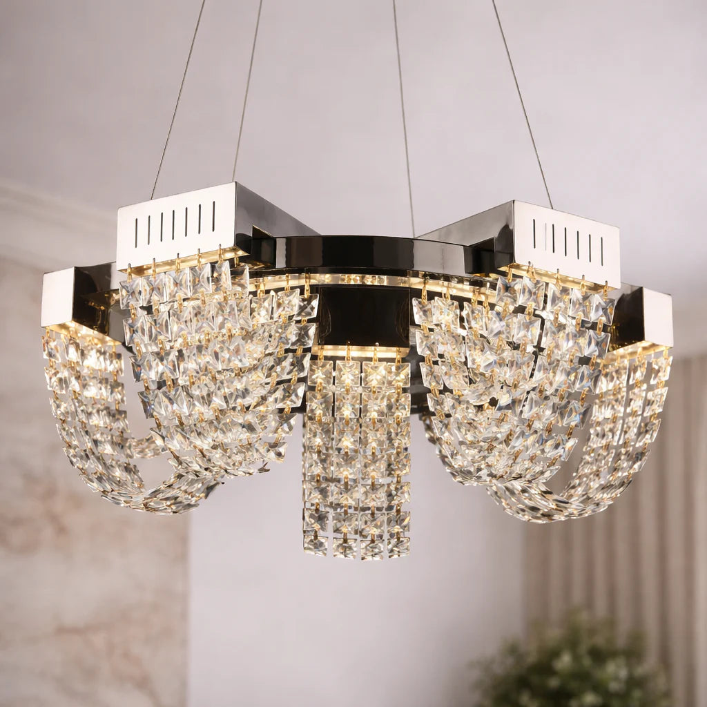 Candelabru Cristal LED 30W, CC370/500CH, Diametru 49cm, Crom Lucios, Inaltime Reglabila