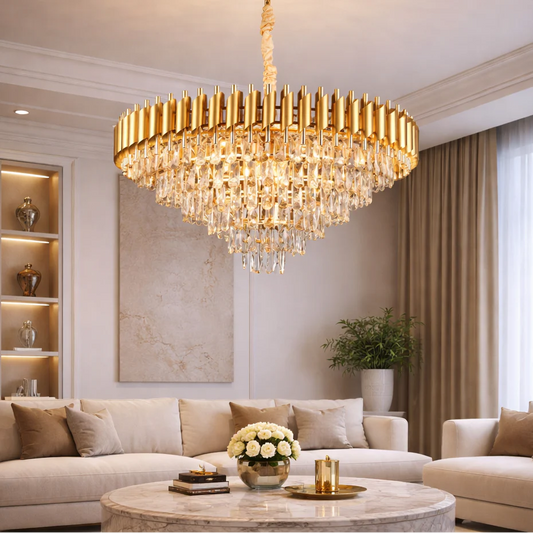Candelabru Cristal VERSAILLES Supremo, CC900/800GD, 12xE14, Diametru 80cm, Auriu Lucios, Inaltime Reglabila, Metal si Cristal