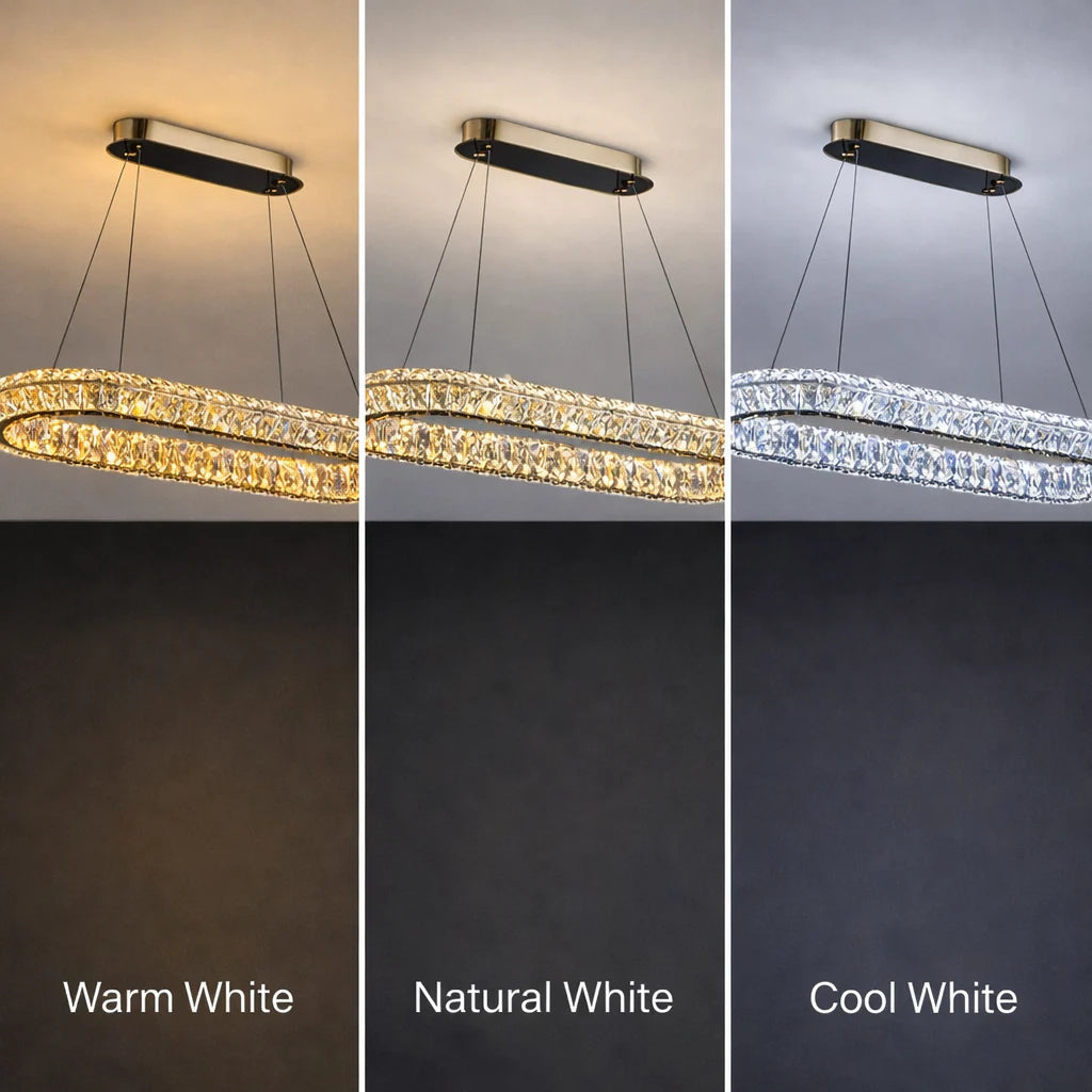 Lustra LED cu Telecomanda, LLC132/900X300GD, Cristal si Metal, 39W, 1 Cerc, Dimabila, Inaltime Reglabila, Lumina Rece/Calda/Neutra, Iluminat Luxos