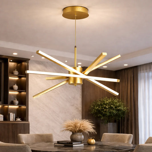 Lustra LED cu Telecomanda LT176/5GD, 69W, 5 Elemente, Lumina Rece/Clada/Neutra 3000K/4000K/6000K, Dimabila, Auriu, Inaltime Reglabila, Metal si Acril