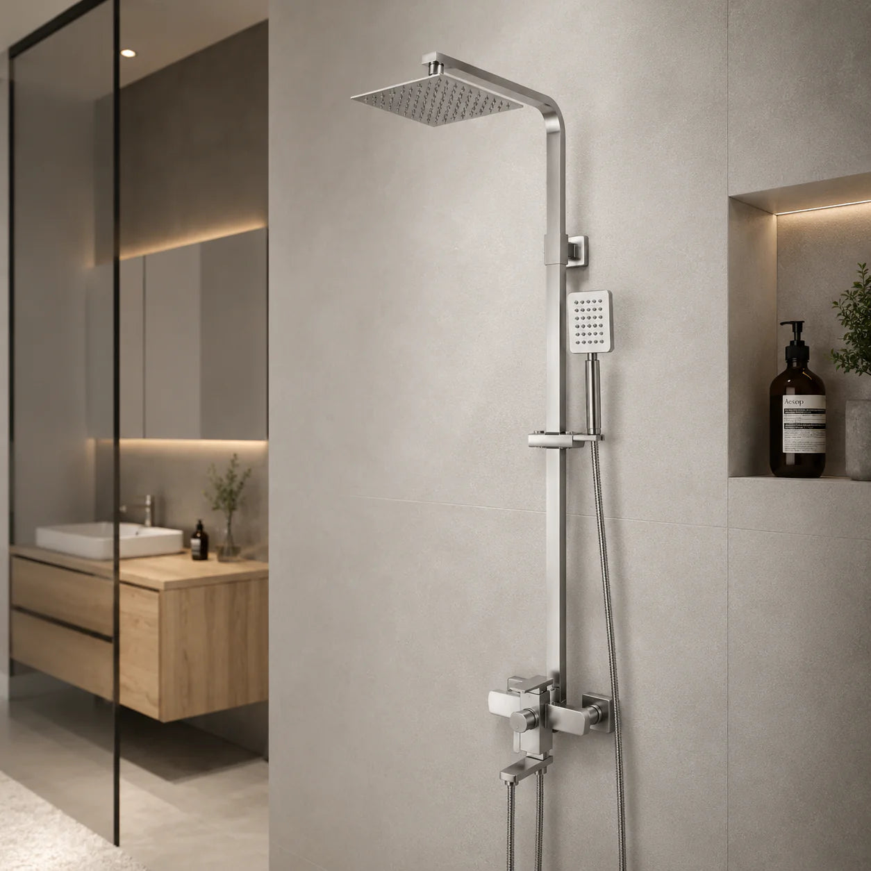 SET Coloana de dus cu baterie, Inox, para patrata, efect ploaie, 3 functii, montare pe perete, Satinat, Accesorii Incluse, LY005