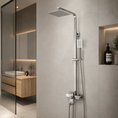 SET Coloana de dus cu baterie, Inox, para patrata, efect ploaie, 3 functii, montare pe perete, Satinat, Accesorii Incluse, LY005