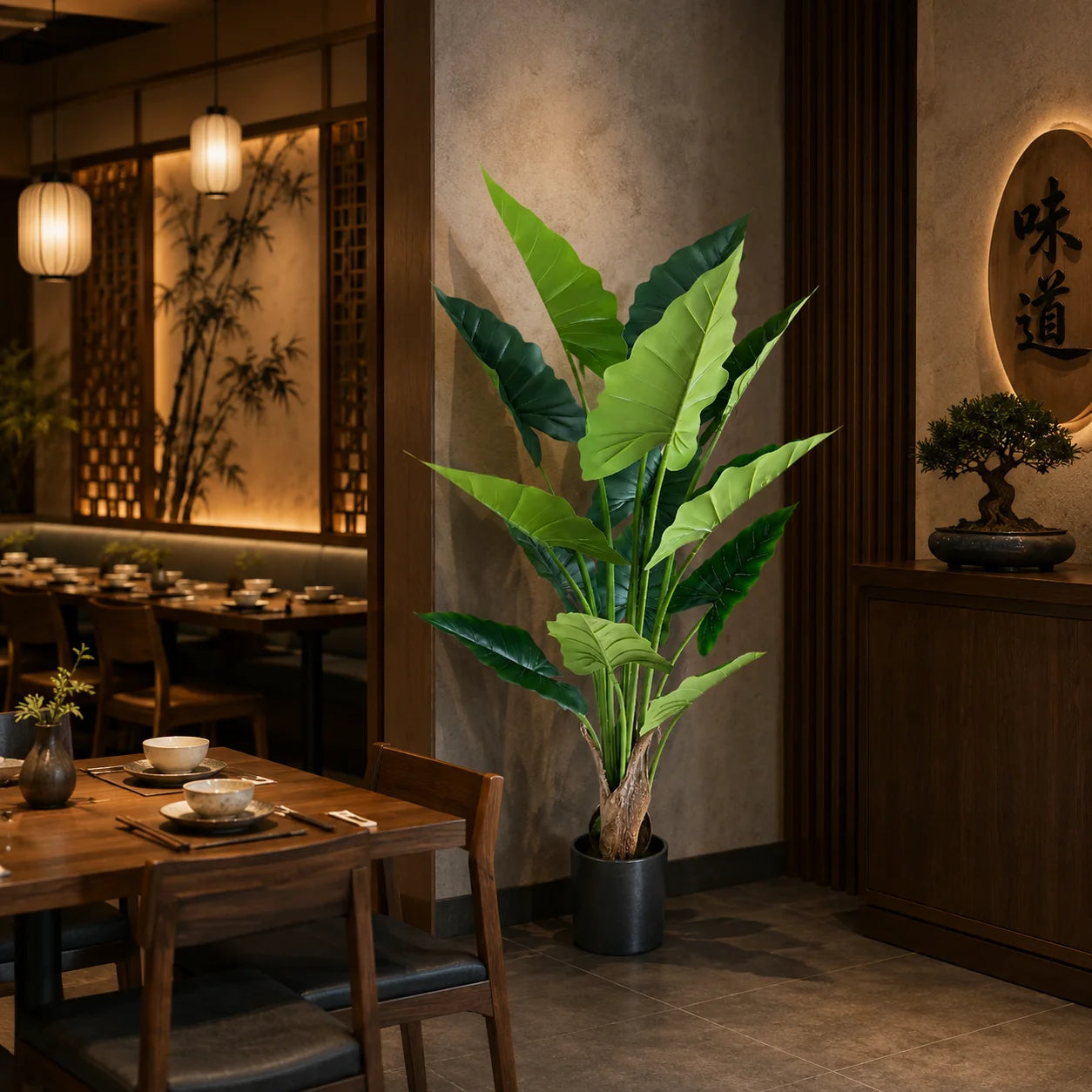 Decoratiune Alocasia, 14 frunze, Plastic, 170 cm, Verde