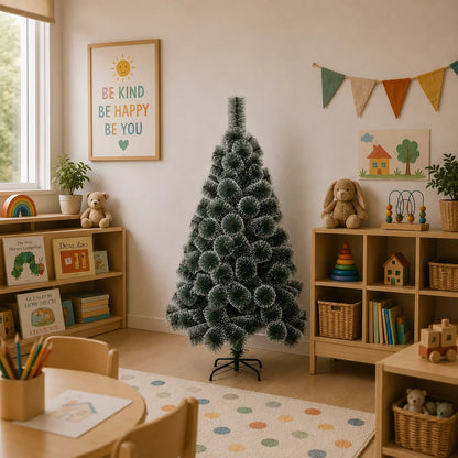 Decoratiune Brad Artificial MANIITSOQ, 150 cm, 130 varfuri, Suport Metalic, Plastic, Ace Verzi cu Varfuri Albe
