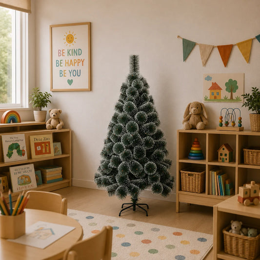 Decoratiune Brad Artificial MANIITSOQ, 150 cm, 130 varfuri, Suport Metalic, Plastic, Ace Verzi cu Varfuri Albe
