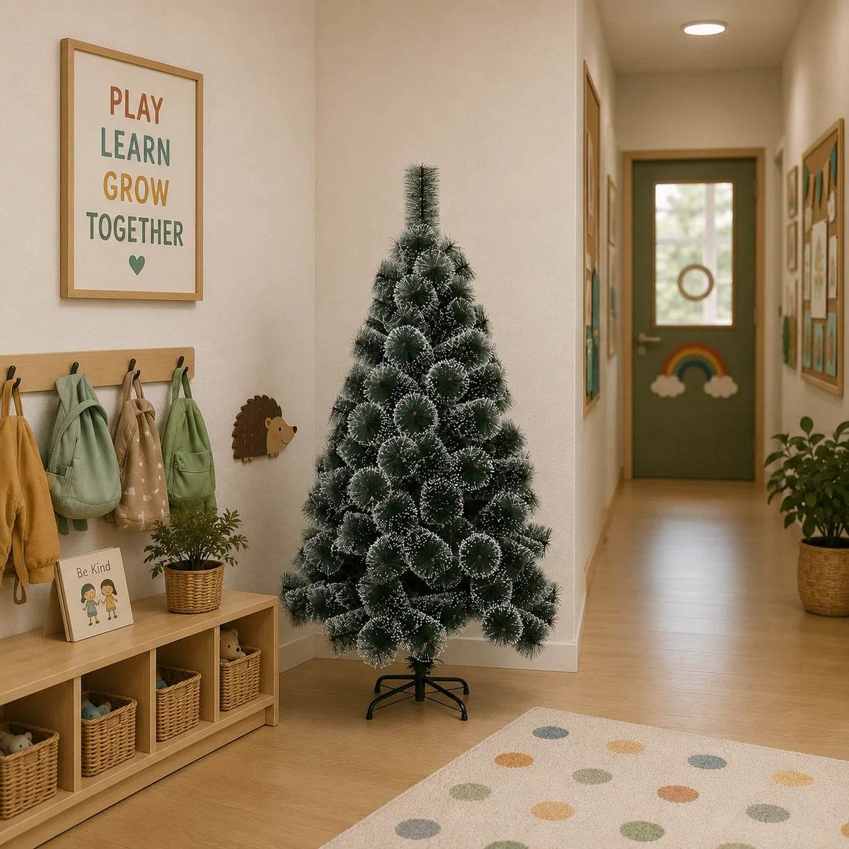 Decoratiune Brad Artificial MANIITSOQ, 150 cm, 130 varfuri, Suport Metalic, Plastic, Ace Verzi cu Varfuri Albe