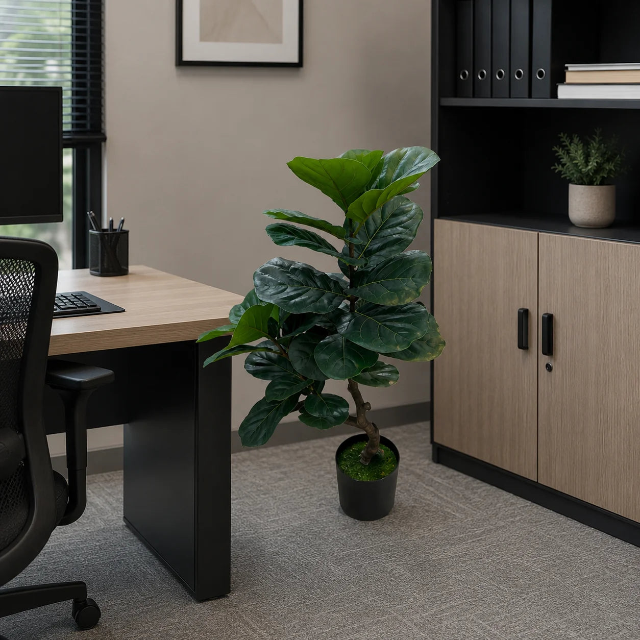 Decoratiune Ficus Lyrata, Ramificatie, 2 Ramuri, Plastic, 100 cm, Verde