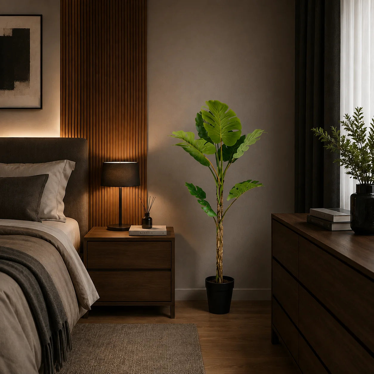 Decoratiune Monstera Deliciosa, 8 frunze, Plastic, 140 cm, Verde