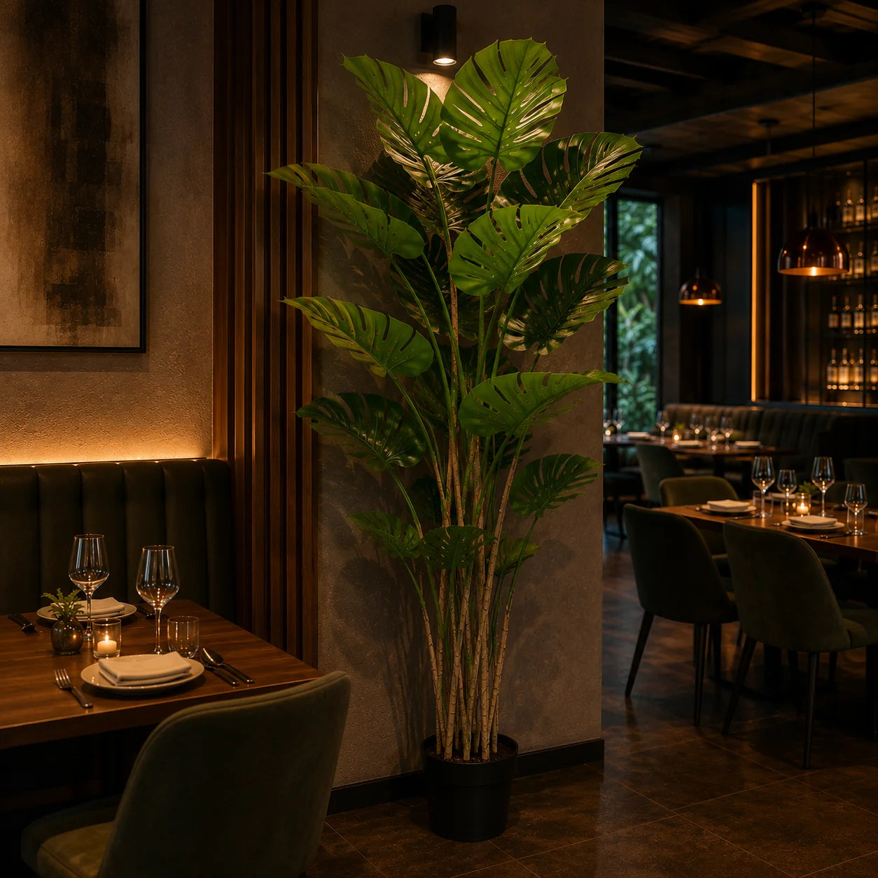 Decoratiune Monstera Deliciosa, 17 frunze, Plastic, 220 cm, Verde