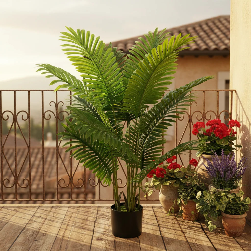 Decoratiune Palmier Areca, Plastic, 12 frunze, 120 cm, Verde