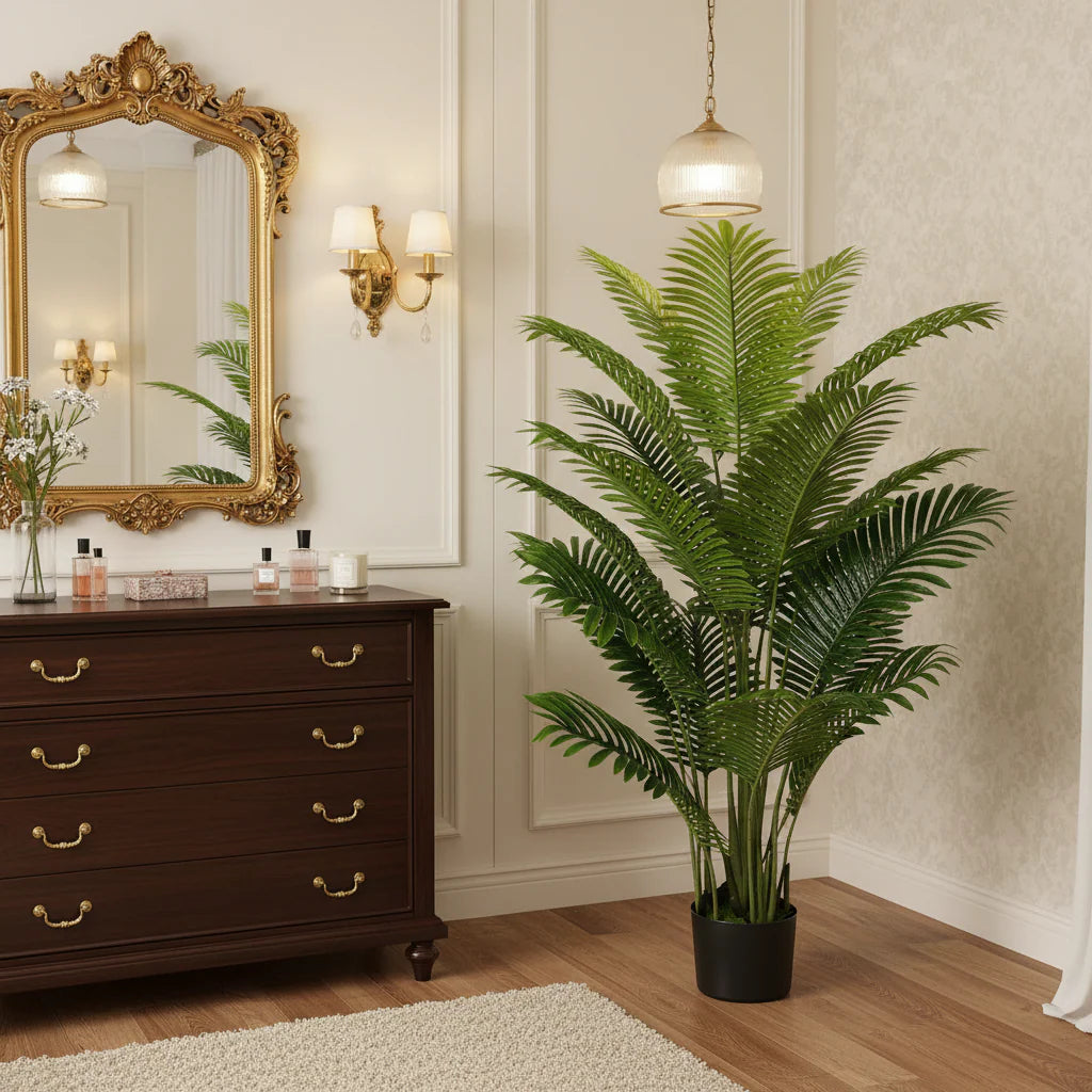 Decoratiune Palmier Areca, Plastic, 15 frunze, 150 cm, Verde