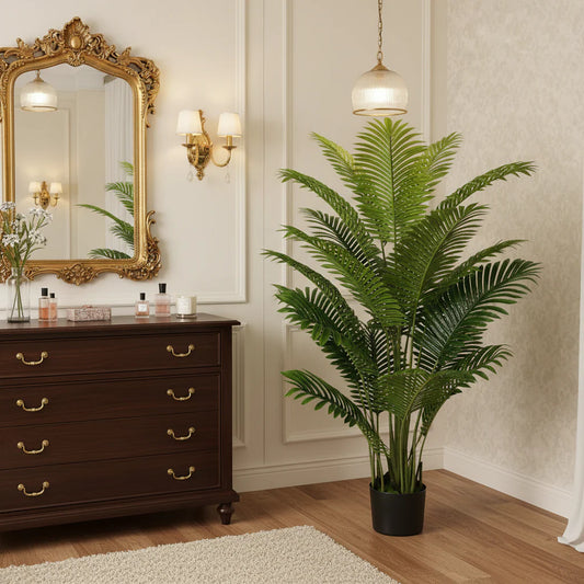 Decoratiune Palmier Areca, Plastic, 15 frunze, 150 cm, Verde