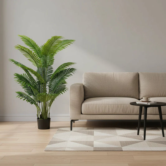 Decoratiune Palmier Areca, Plastic, 15 frunze, 150 cm, Verde