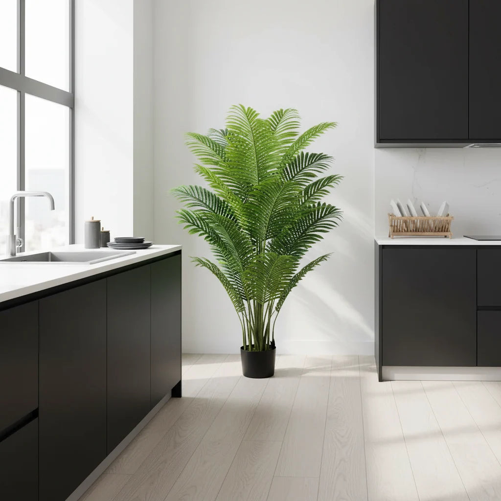 Decoratiune Palmier Areca, Plastic, 15 frunze, 150 cm, Verde