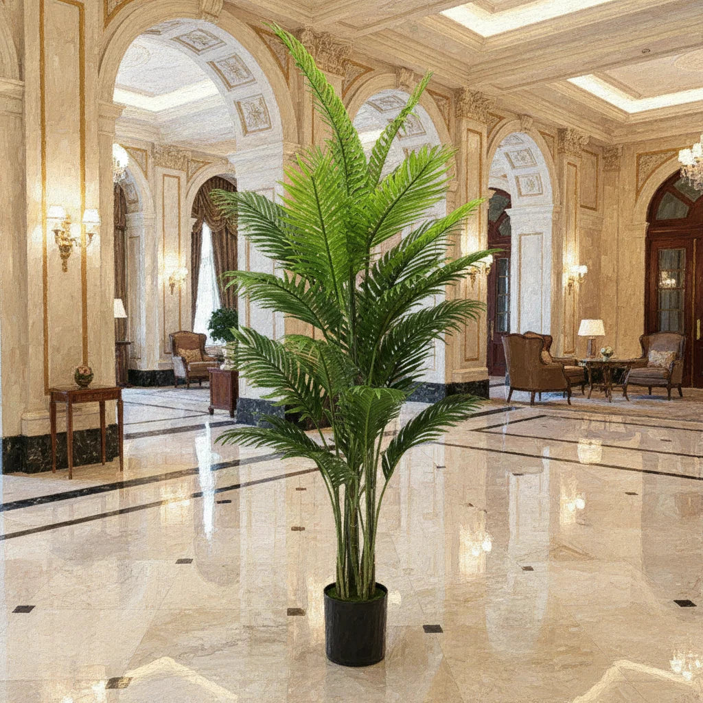 Decoratiune Palmier Areca, Plastic, 25 frunze, 190 cm, Verde