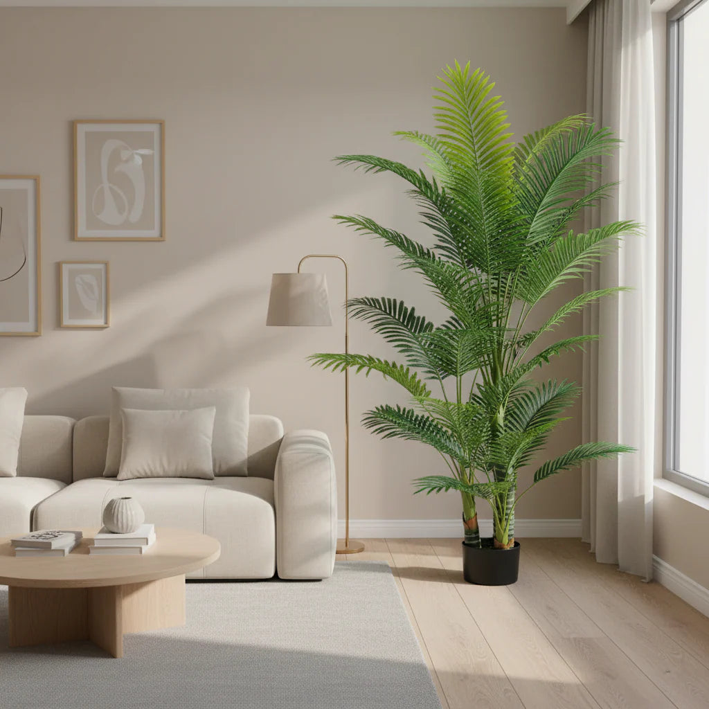 Decoratiune Palmier Kentia, 3 tulpini, Plastic, 17 frunze, 220 cm, Verde