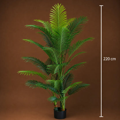 Decoratiune Palmier Kentia, 3 tulpini, Plastic, 17 frunze, 220 cm, Verde