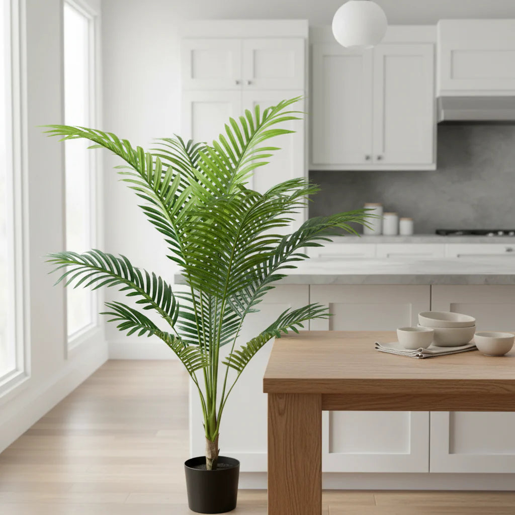 Decoratiune Palmier Kentia, Plastic, 12 frunze, 120 cm, Verde