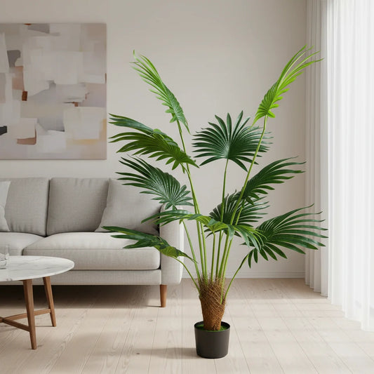 Decoratiune Palmier Livistona Evantai, 10 frunze, Plastic, 160 cm, Verde