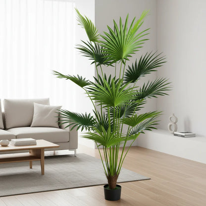 Decoratiune Palmier Livistona Evantai, 15 frunze, Plastic, 200 cm, Verde