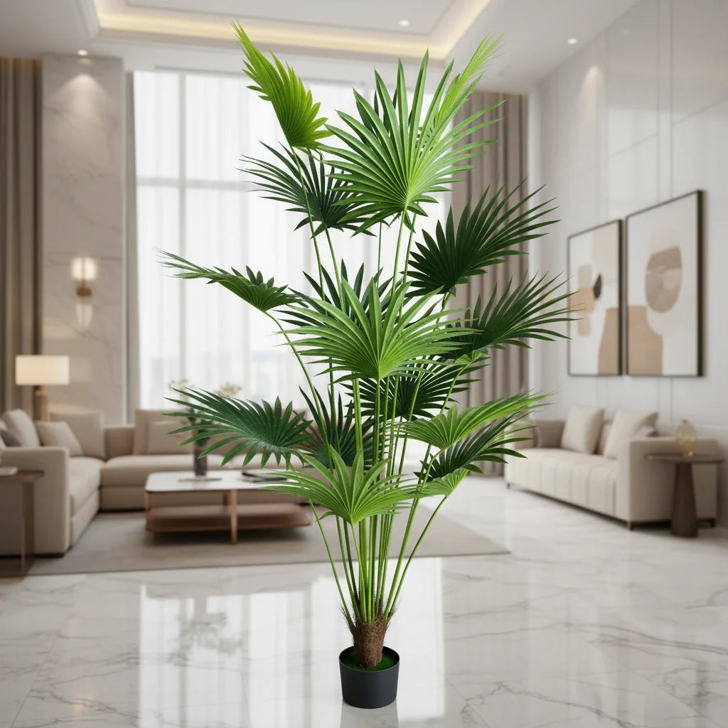 Decoratiune Palmier Livistona Evantai, 15 frunze, Plastic, 200 cm, Verde