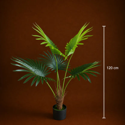 Decoratiune Palmier Livistona Evantai, 5 frunze, Plastic, 120 cm, Verde