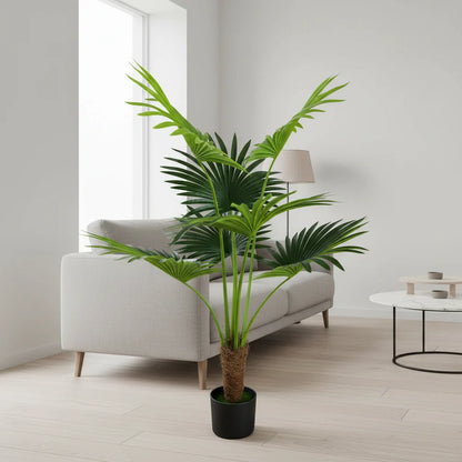 Decoratiune Palmier Livistona Evantai, 7 frunze, Plastic, 140 cm, Verde