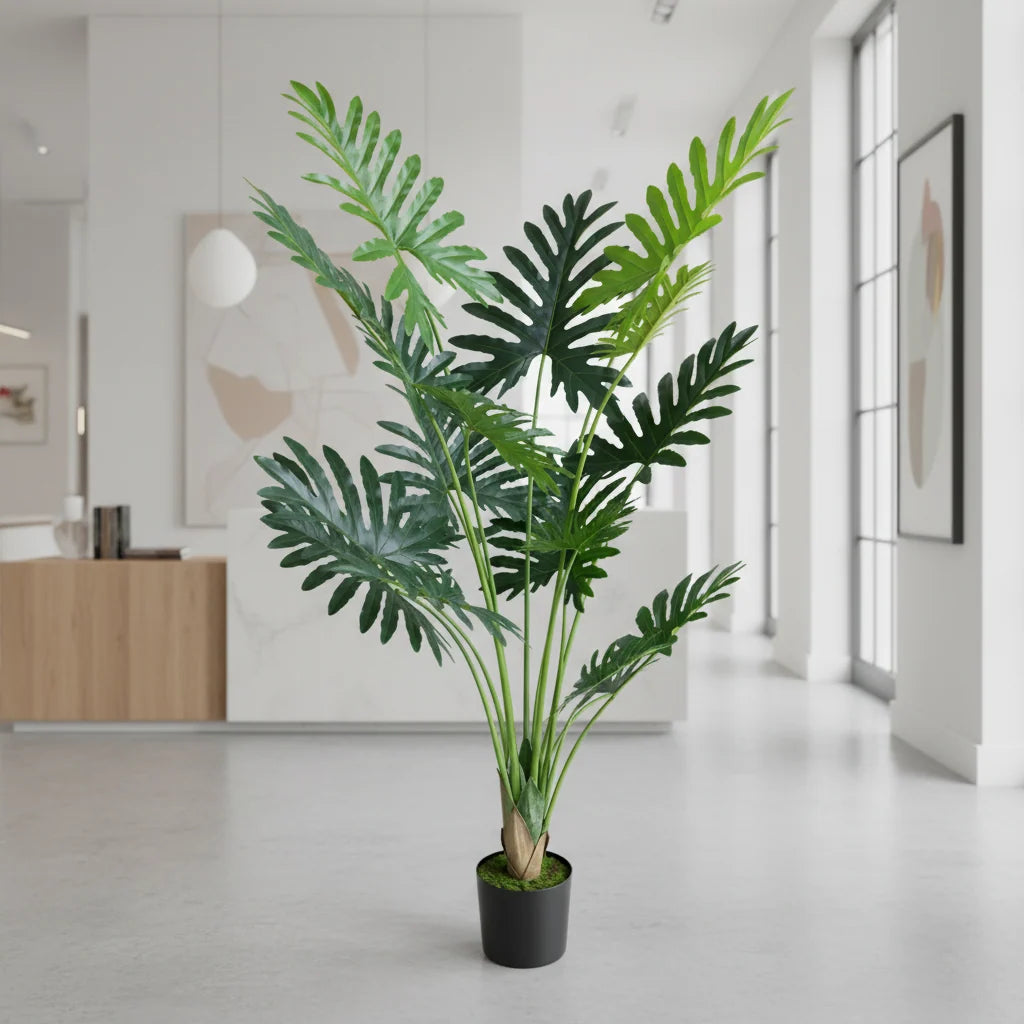Decoratiune Thaumatophyllum Bipinnatifidum, 10 frunze, Plastic, 160 cm, Verde