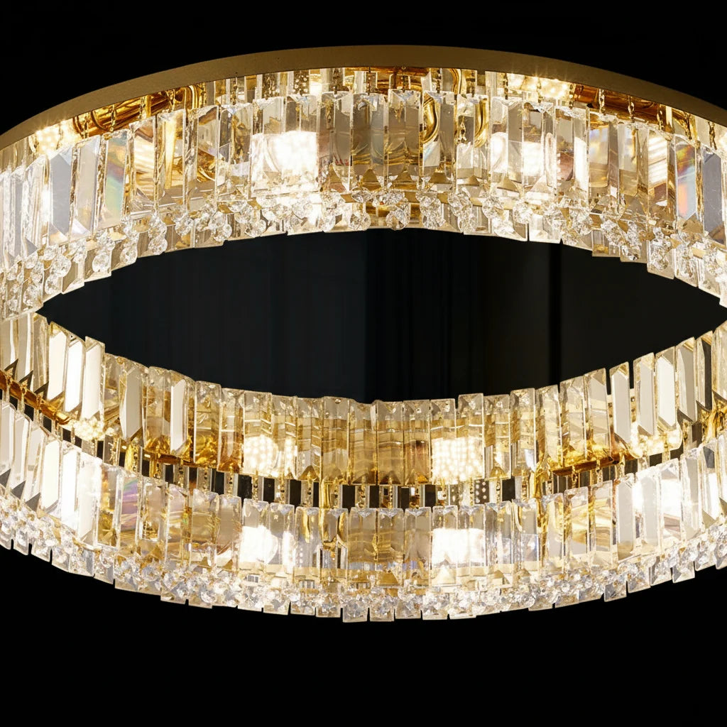 Lustra LED cu telecomanda si cristal VERTUS 18W, 30cm, Cerc, lumina Rece/Calda/Neutra, Dimabila, Auriu