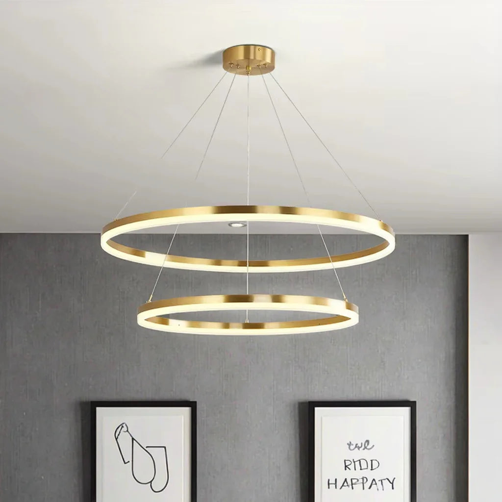 Lustra LED suspendata cu telecomanda CHRISTINE, 100W, 2 Cercuri, lumina Rece/Calda/Neutra, Dimabila, Auriu Lucios, Inaltime Reglabila