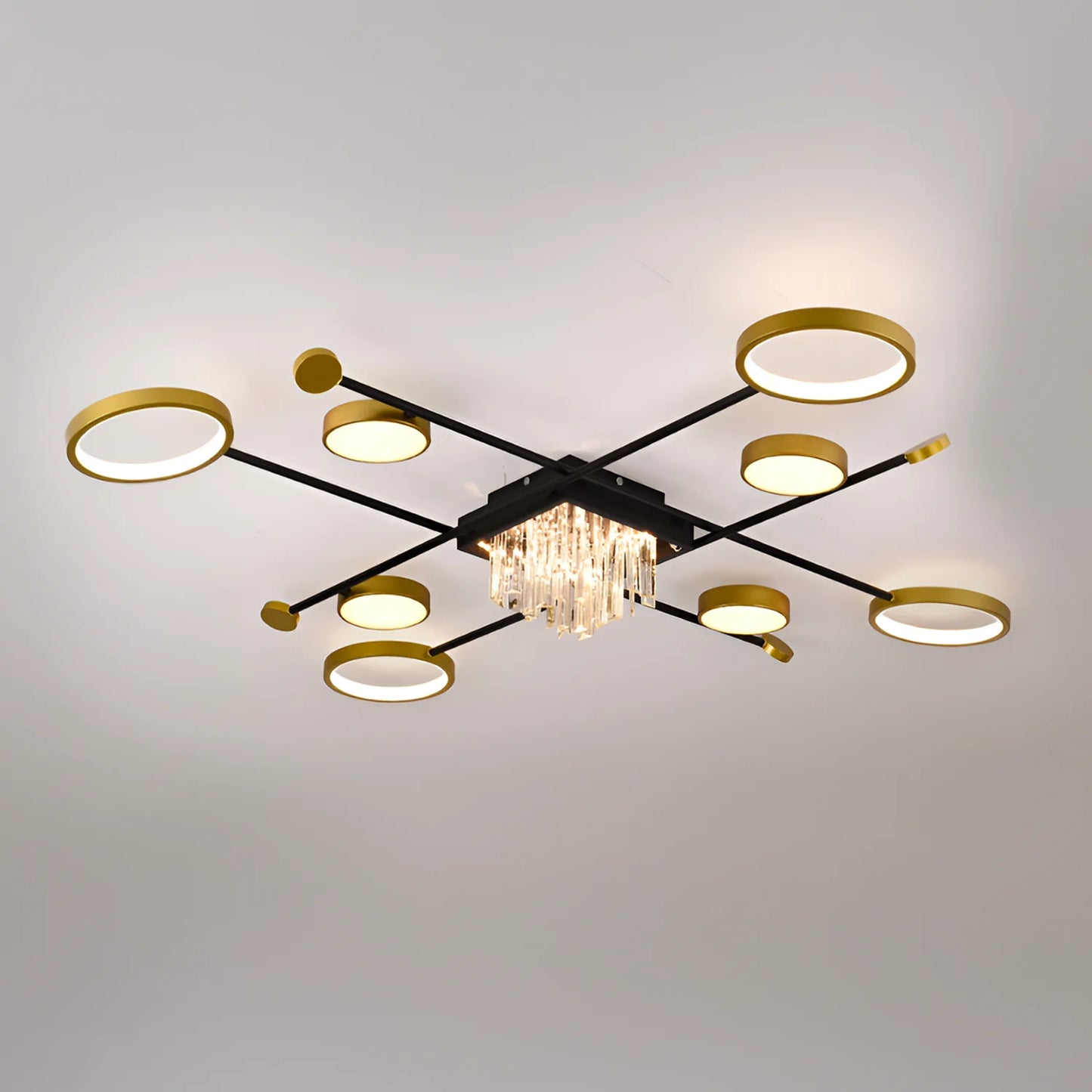 Lustra LED cu telecomanda si cristal GUIDA 46W, 8 Elemente, lumina Rece/Calda/Neutra, Dimabila, Negru Auriu