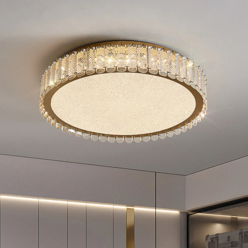 Lustra LED cu telecomanda si cristal LLC152/500CH 59W, 50cm, Cerc, lumina Rece/Calda/Neutra, Dimabila, Auriu