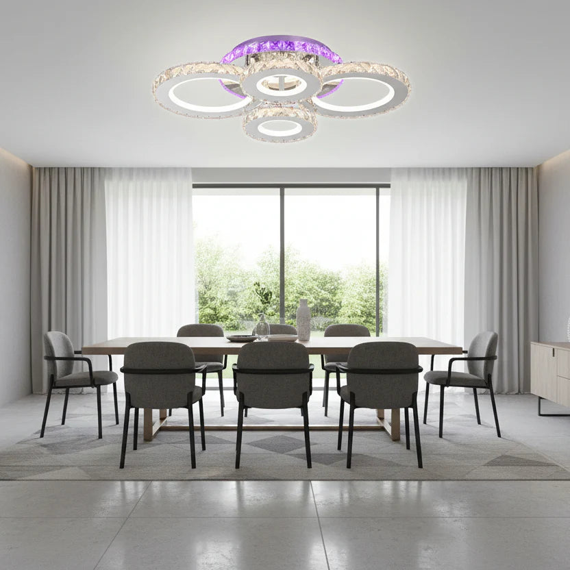 Lustra LED cu telecomanda si cristal NOVA ROTONDA RGB, 72W, 4 Cercuri, lumina Rece/Calda/Neutra, Dimabila, Negru