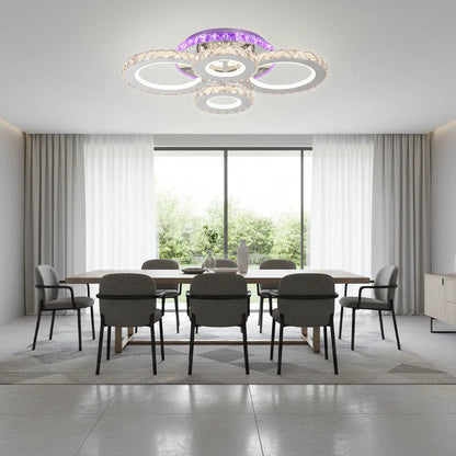 Lustra LED cu telecomanda si cristal NOVA ROTONDA RGB, 72W, 4 Cercuri, lumina Rece/Calda/Neutra, Dimabila, Negru