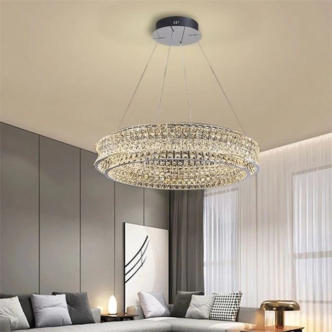 Lustra LED cu Telecomanda, LLC160/500CH, Cristal si Metal, 120W, 1 Cerc, Dimabila, Inaltime Reglabila, Lumina Rece/Calda/Neutra, Iluminat Luxos