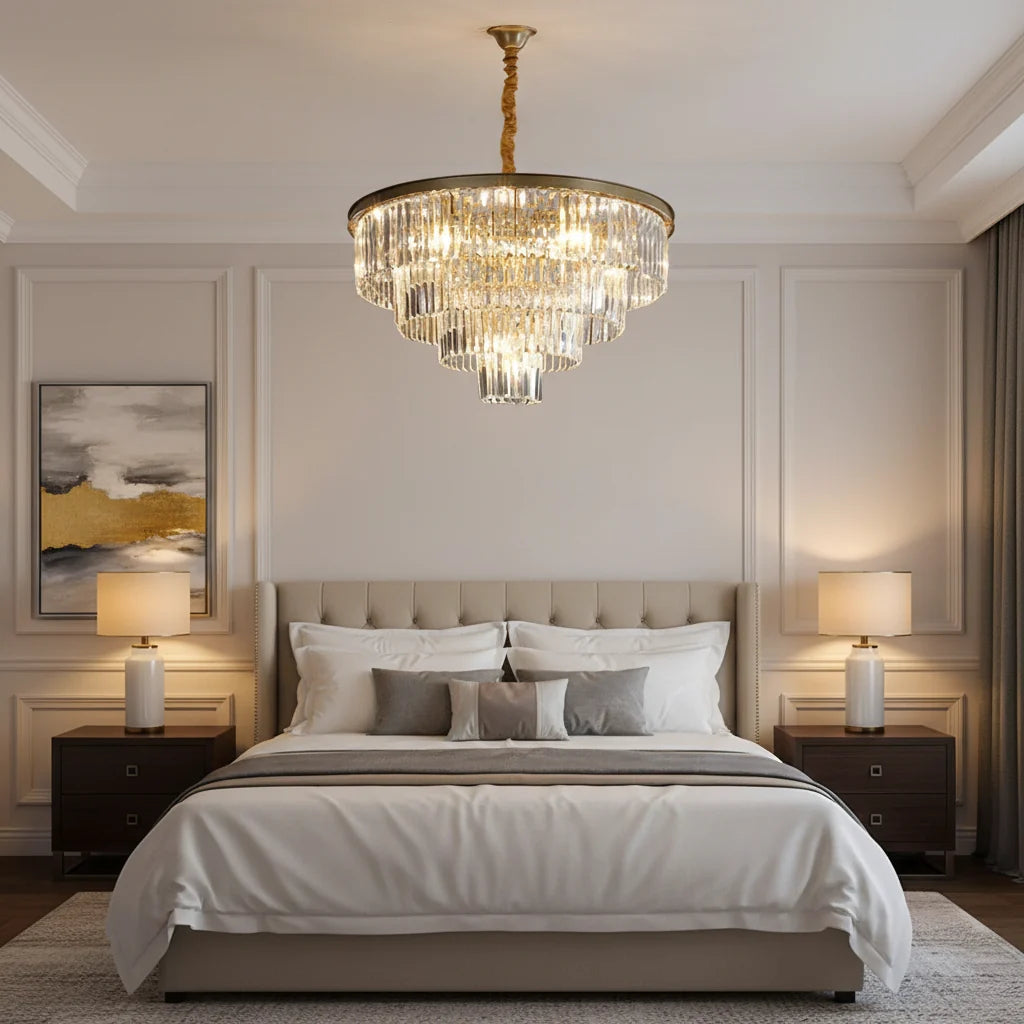 Candelabru Cristal CHAMBORD Eleganza 8xE14, Diametru 48cm, Auriu Mat, Inaltime Reglabila