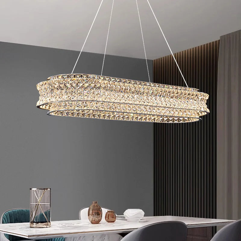 Lustra LED cu Telecomanda, LLC160/750X350CH, Cristal si Metal, 71W, Dimabila, Inaltime Reglabila, Lumina Rece/Calda/Neutra, Iluminat Luxos