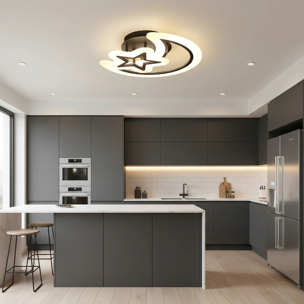 Lustra LED cu Telecomanda Luna si Stea 78W Lumina Rece/Calda/Neutra Dimabila Negru