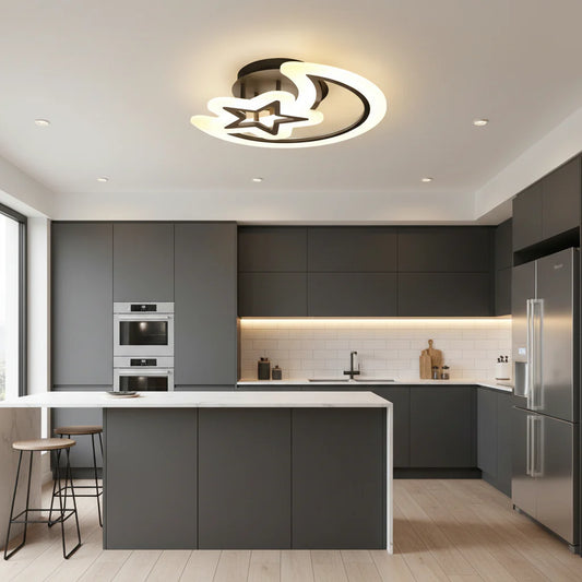 Lustra LED cu Telecomanda Luna si Stea 78W Lumina Rece/Calda/Neutra Dimabila Negru