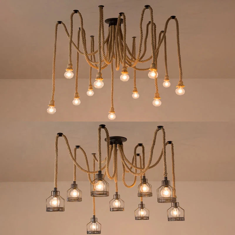 Lustra Vintage LV121/10BK, 10xE27, Rustic, Sfoara si Metal, 2x100cm, Suport Negru