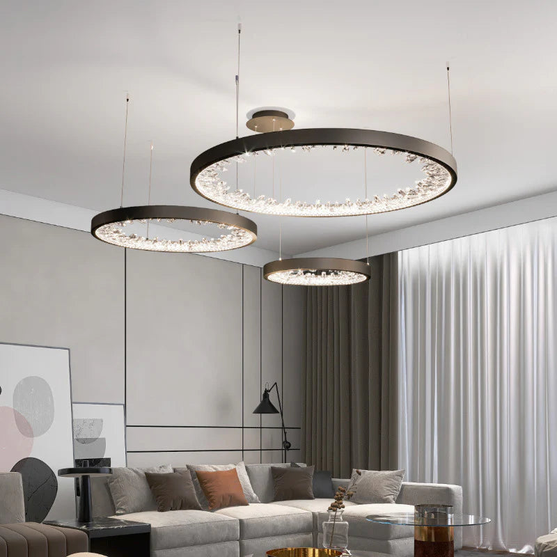 Lustra LED suspendata cu telecomanda, Cristale K9, 80W, 3 Cercuri, lumina Rece/Calda/Neutra, Dimabila, Negru, Inaltime Reglabila