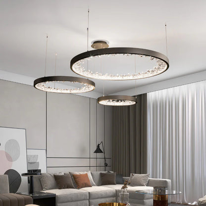 Lustra LED suspendata cu telecomanda, Cristale K9, 80W, 3 Cercuri, lumina Rece/Calda/Neutra, Dimabila, Negru, Inaltime Reglabila