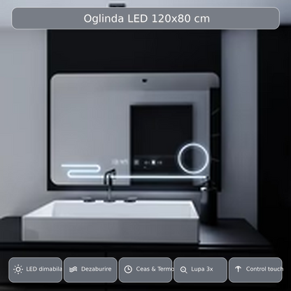 Oglinda LED Rectangulara, 120x80cm, Harmonie MotionGlow Marcello, Sistem Dezaburire, Ceas & Termometru, Lupa Cosmetica, Dimabila